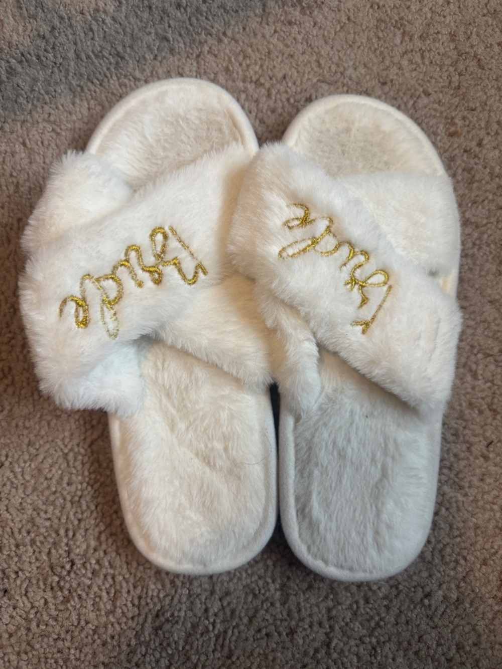 White Fuzzy Slide Slippers with Gold Script